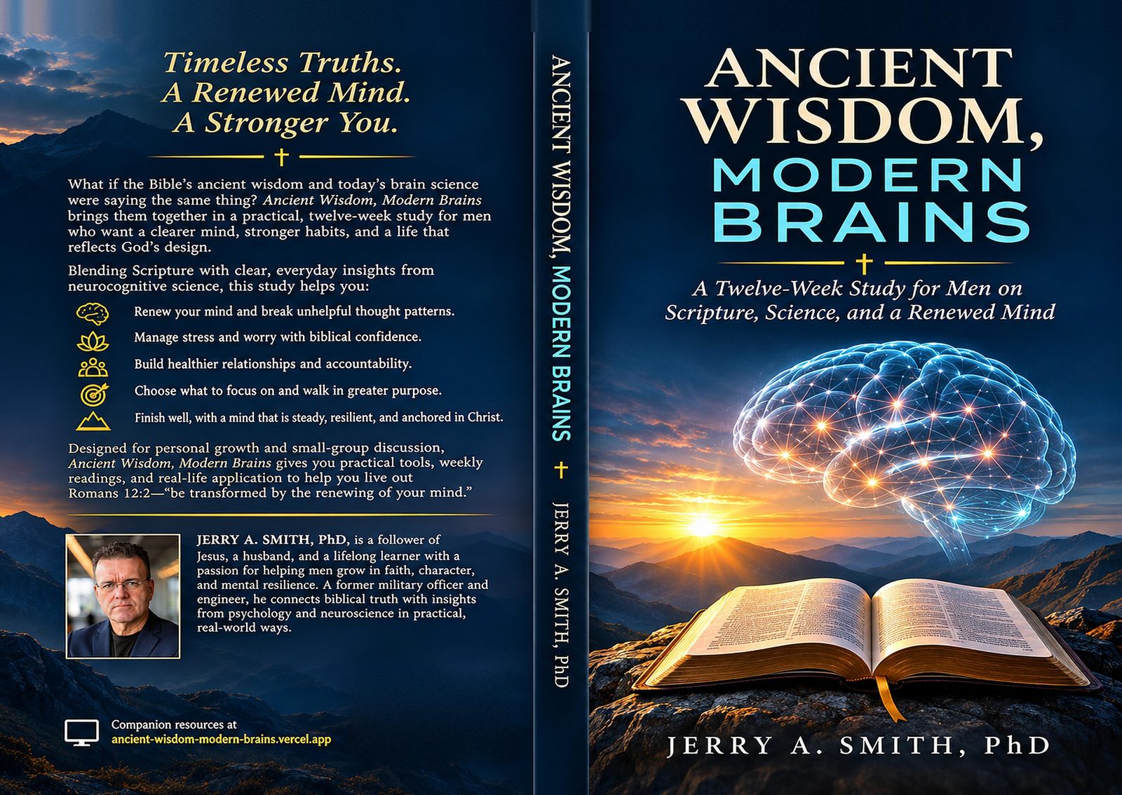 Full paperback cover of Ancient Wisdom, Modern Brains, showing the back cover description, the spine, and the front cover
